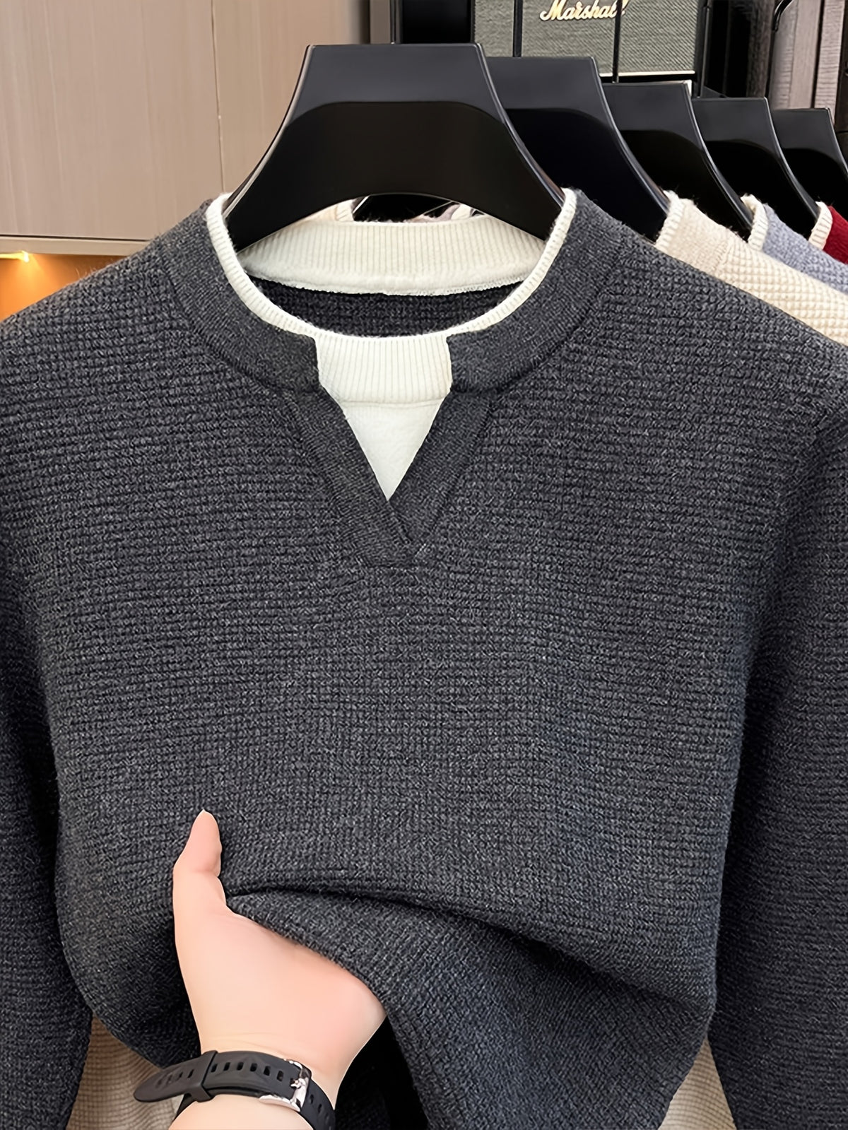 Men's Small V-Neck 2-in-1 Look Waffle Knit Textured Fabric Color-Blocked Double-Layer Neckline Soft, Warm, and Cozy Pullover Top for Spring and Autumn Casual Layering - Deep Gray
