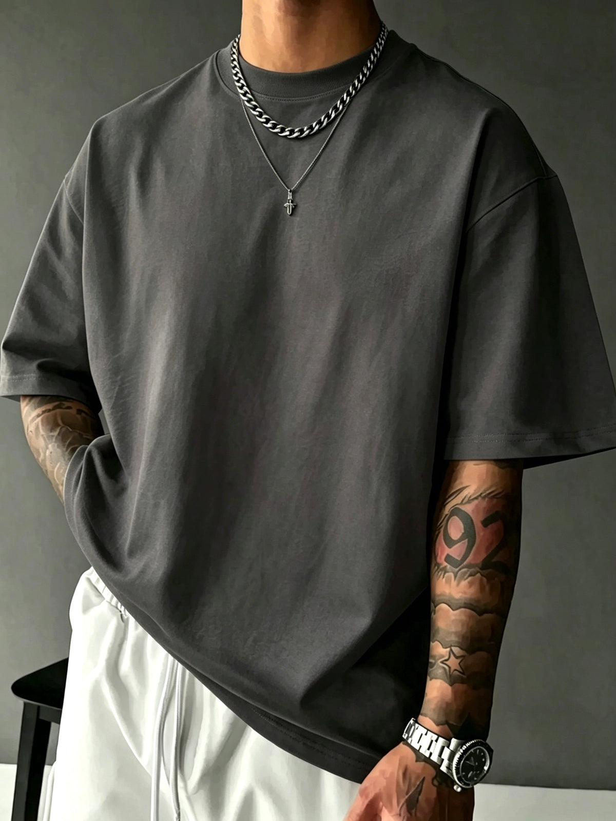 Men's 100% Pure Cotton T-Shirt, Ramen Wave Print, Comfortable, Soft, and Breathable, for Spring/Summer Casual Daily Wear - Dark Gray