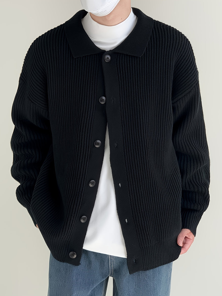 Men's Casual Knit Cardigan - Solid Color, Button-Up with Lapel Collar, Loose Fit for Fall/Winter - Black