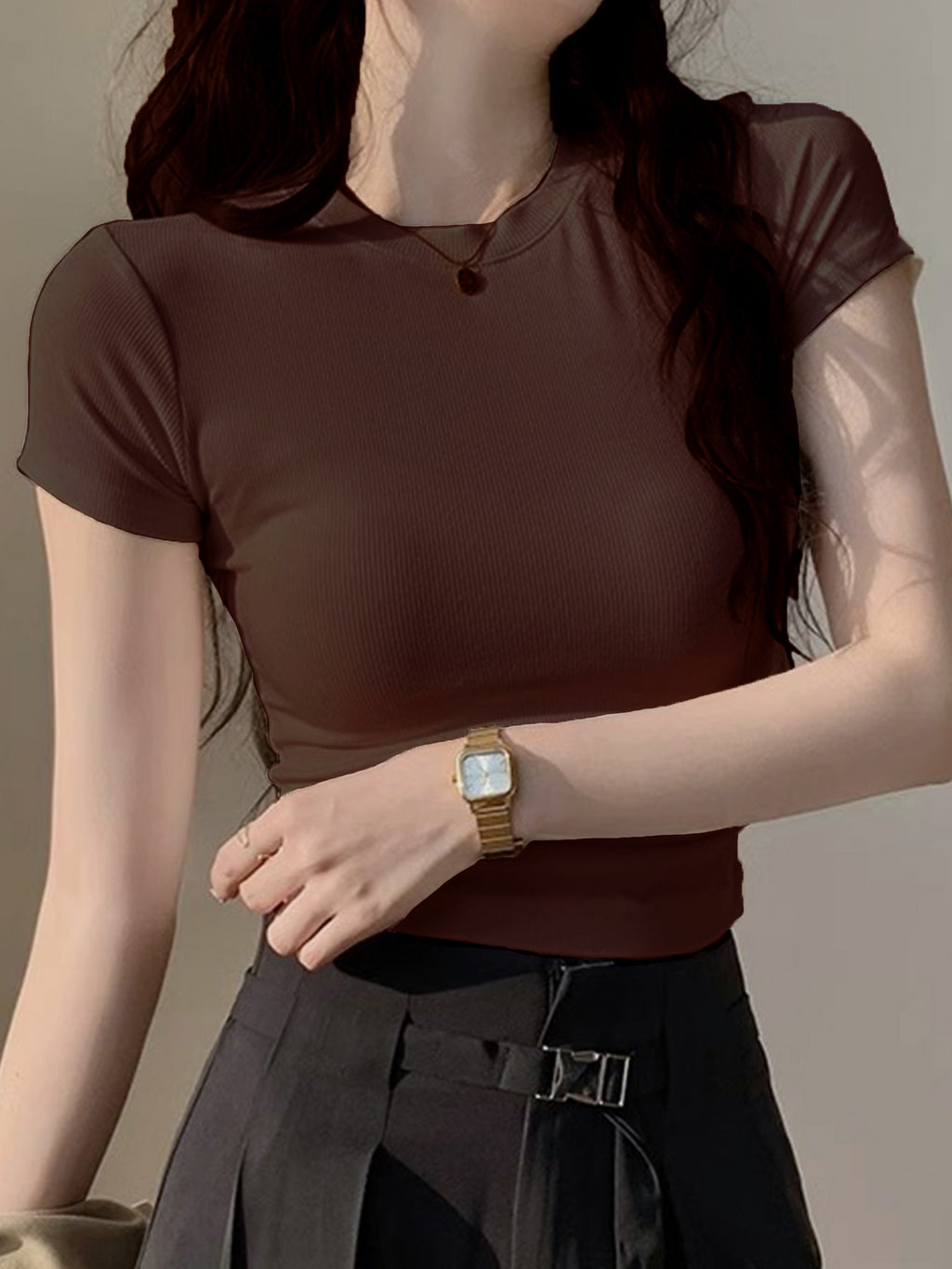 Short-Sleeved T-Shirt for Women in Summer, Easy And Slim-Fitting Hot Tight Short Top - Coffee Brown