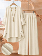 Women's Fashion Solid Color Irregular Hem Design Top and Wide-Leg Pants 2pcs Set, Textured Fabric, Loose Fit,, Artistic Style Casual Outfit - Apricot