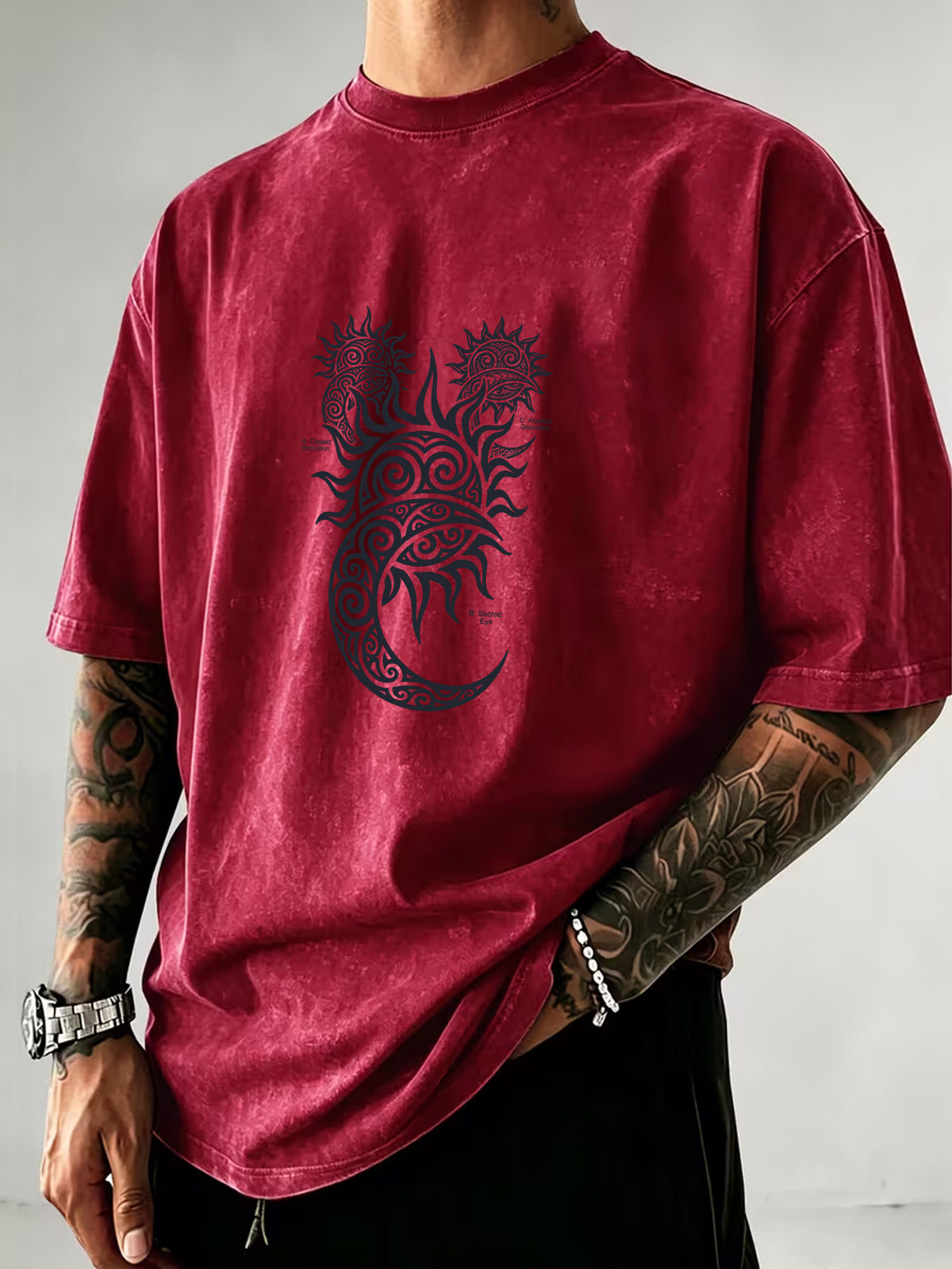 Washed Distressed Short Sleeve Loose Top, Tribal Totem Sun Vortex Trendy Print, Multi-Color Casual Matching, American Street Hip-Hop High Street Style, Daily Outing Commute Sports Fitness Couple Statement Versatile T-Shirt - Burgundy