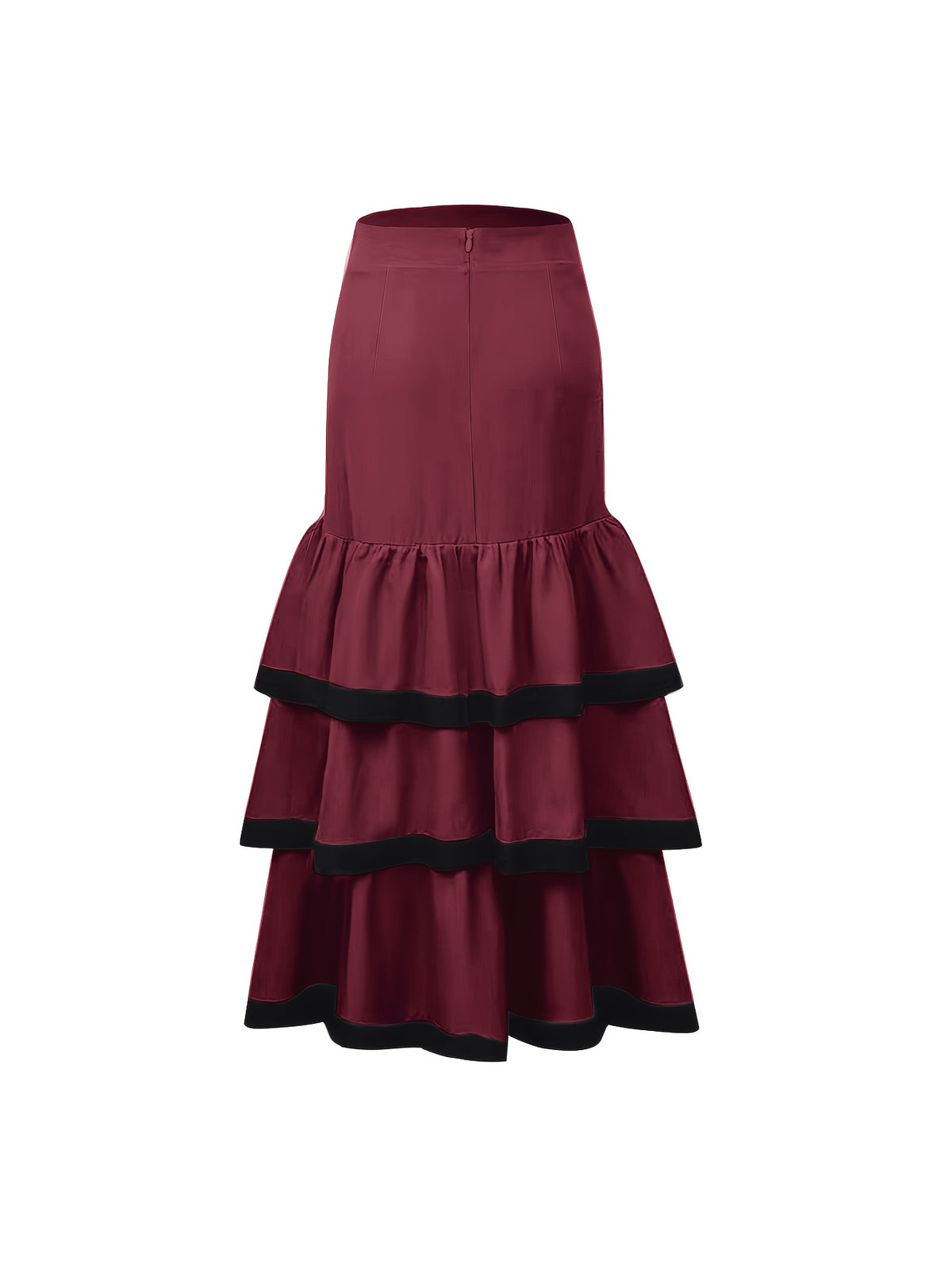 Autumn Versatile Color-Block Elegant Party Gathering Ruffle Hem Women's Skirt - Burgundy