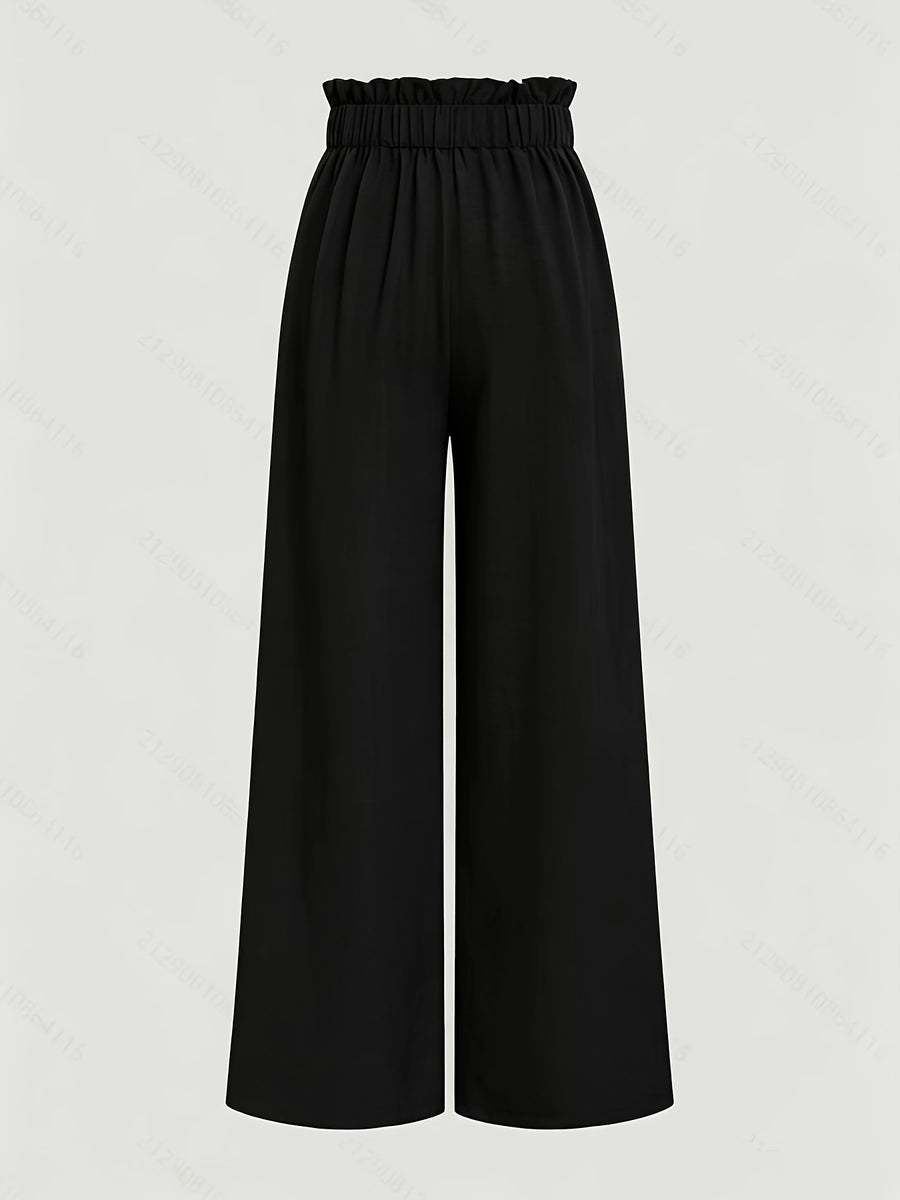 Women's High-Waisted Wide- Trousers - Loose-Fit Solid Color Pants Suitable for Daily Wear & Vacation, Beltless Spring/Summer Style for Office, Casual Outfits - Machine Washable Elegant Trousers - Black