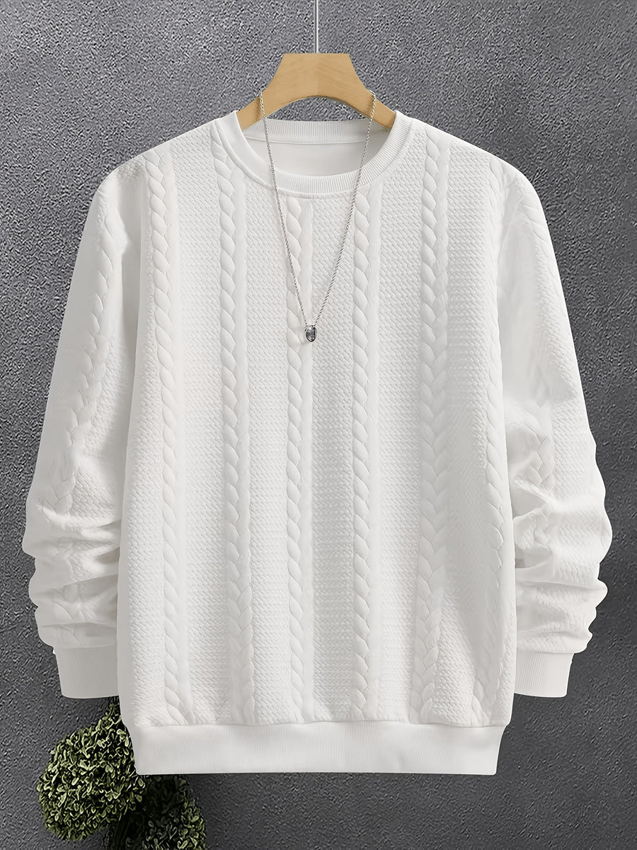 Men's Fashion Crewneck Sweatshirt, Men's Crewneck Sweatshirt, Jacquard Design Casual Streetwear Sweatshirt, Simple Basic Style Long Sleeve T-Shirt, Sport Sweatshirt, Men's Casual Apparel - White