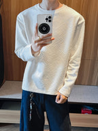 Men'S Casual Sports T-Shirt, 1pc Men'S Fashion Trendy Casual Textured Round Neck Long Sleeve T-Shirt, Loose Fit, Comfortable Stretch Fabric, Suitable for Daily Casual Commuting Wear - White