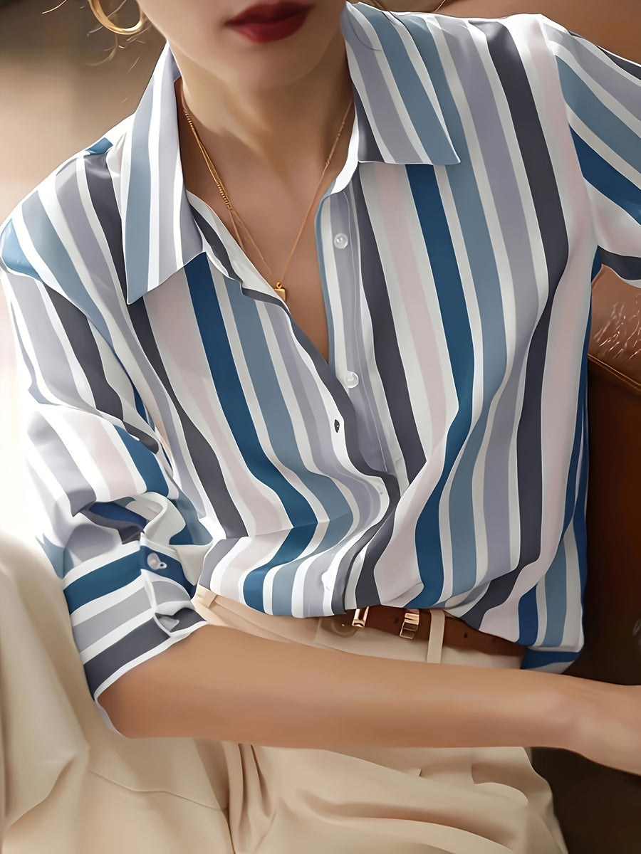Women'S Casual Striped Shirt, Button-Up Design, Made Of, Suitable for Spring, Summer, And Autumn Casual Or Formal Wear | Classic Lapel Fashion Button-Up, Elegant Women'S Shirt, Beautiful Women'S Shirt, Autumn Women'S Top Trend, Women'S Clothing - Sky Blue