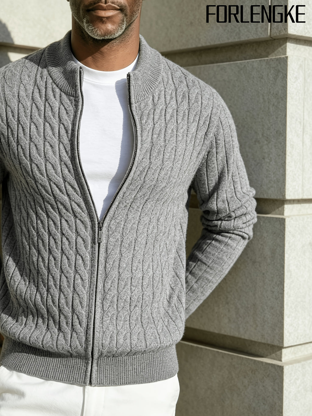 FORLENGKE New Stylish Men's Business Casual Stand Collar Cable Knit Zip Up Cardigan, Soft Warm Long Sleeve Knit Jacket for Fall Winter Office Daily Wear - Grey