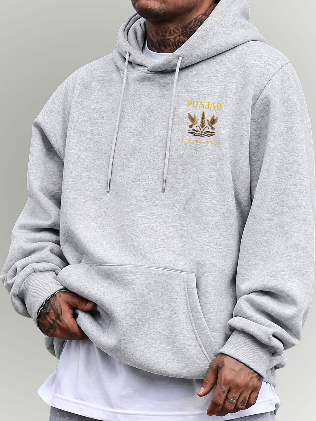Men'S Hooded Sweatshirt PUNJAB Wheat Print Western Regional Style Mature Men'S Top - Light Grey