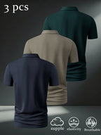 3pcs Men'S Casual Polo Shirt Set, Creative Print Patterns, Short Sleeve, Golf And Outdoor Sports Apparel, Breathable Comfortable Fabric, Regular Fit - Navy blue + khaki + dark green