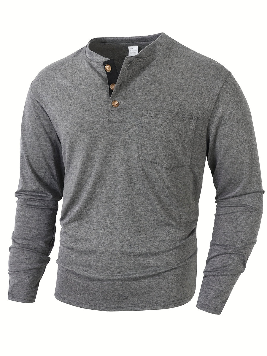 KJ-P026 Plus Size Men'S Summer Henley Long Sleeve Athletic Fitness Multicolor Base Layer T-Shirt - Grey