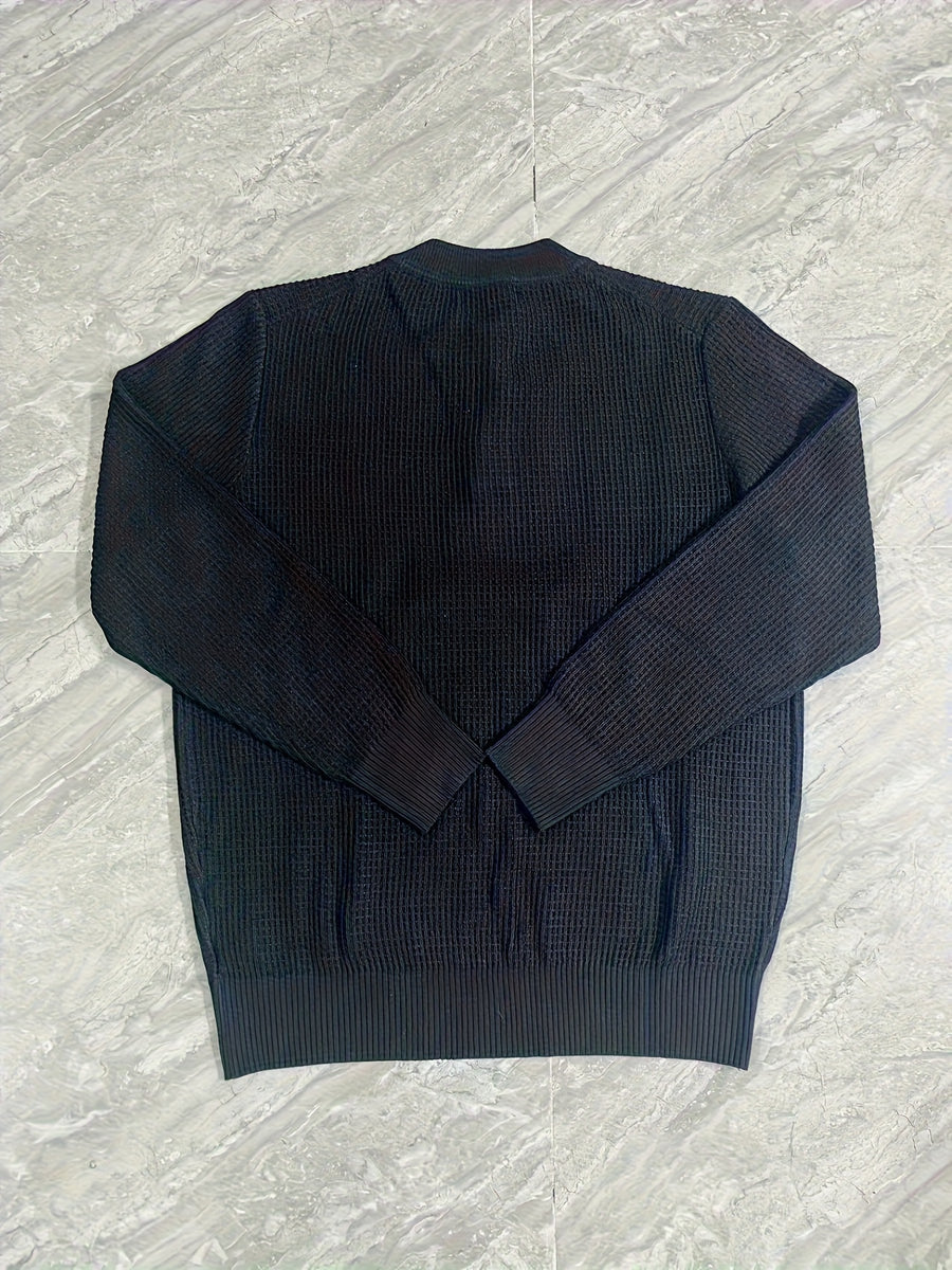 Waffle Knit Soft and Skin-Friendly Lazy Style Men's Henley Neck Pullover Base Layer Sweater - Athens Black