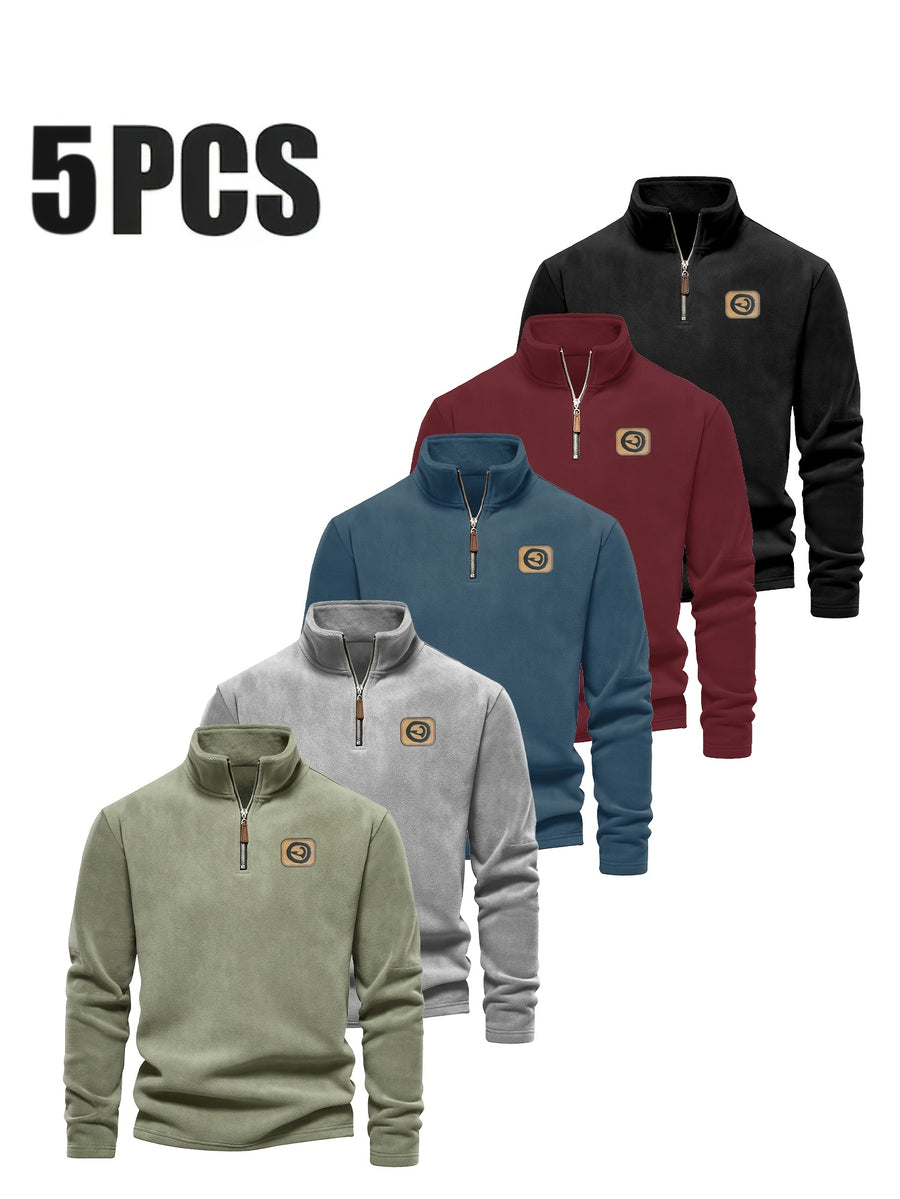 Men'S 5pcs Versatile Basic Fleece Sweatshirt, Half-Zip Stand-Up Collar Autumn And Winter Long-Sleeved Top - Mint Green + Navy Blue + Deep Red + Black + Gray