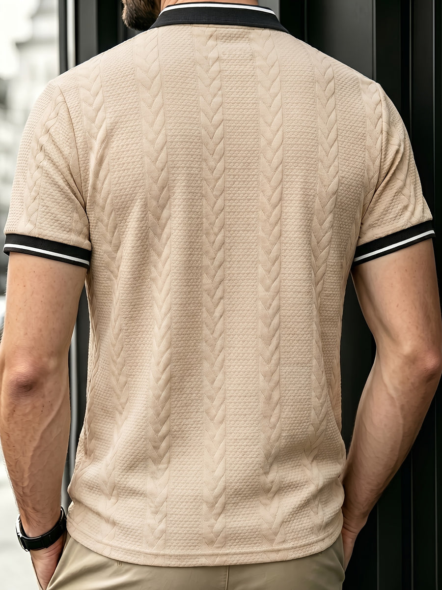 Men'S Cable Texture Short Sleeve Top, Retro Half-Zip Baseball Collar Polo Shirt, Summer Breathable Casual Versatile T-Shirt, Contrast White Trim Baseball Collar with Metal Half-Open Zipper, Suitable for Beach Vacation, Courtyard Leisure - Khaki
