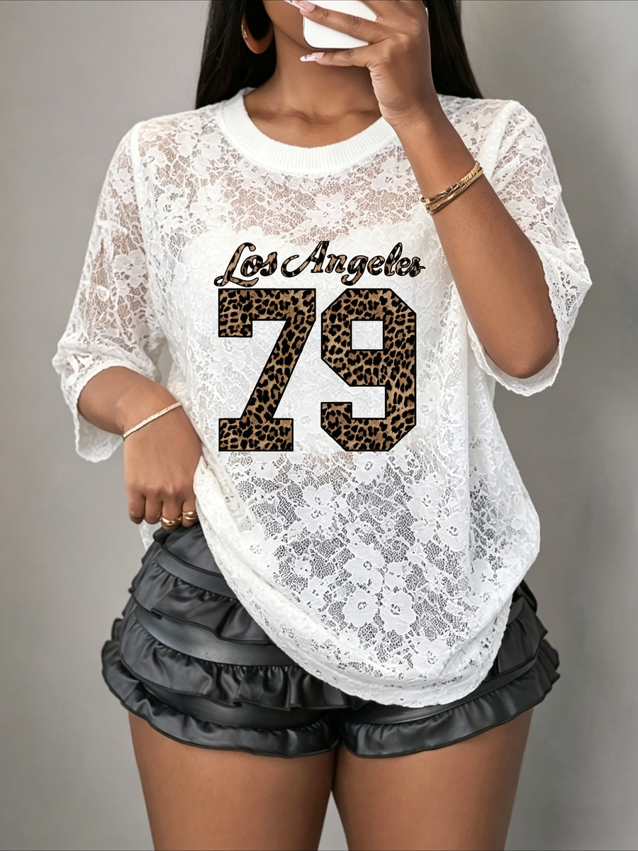 Trendy Spring/Summer Casual Street Sweatshirt, Sexy Preppy Style Round Neck Loose Number Print Lace Style Women'S T-Shirt - White