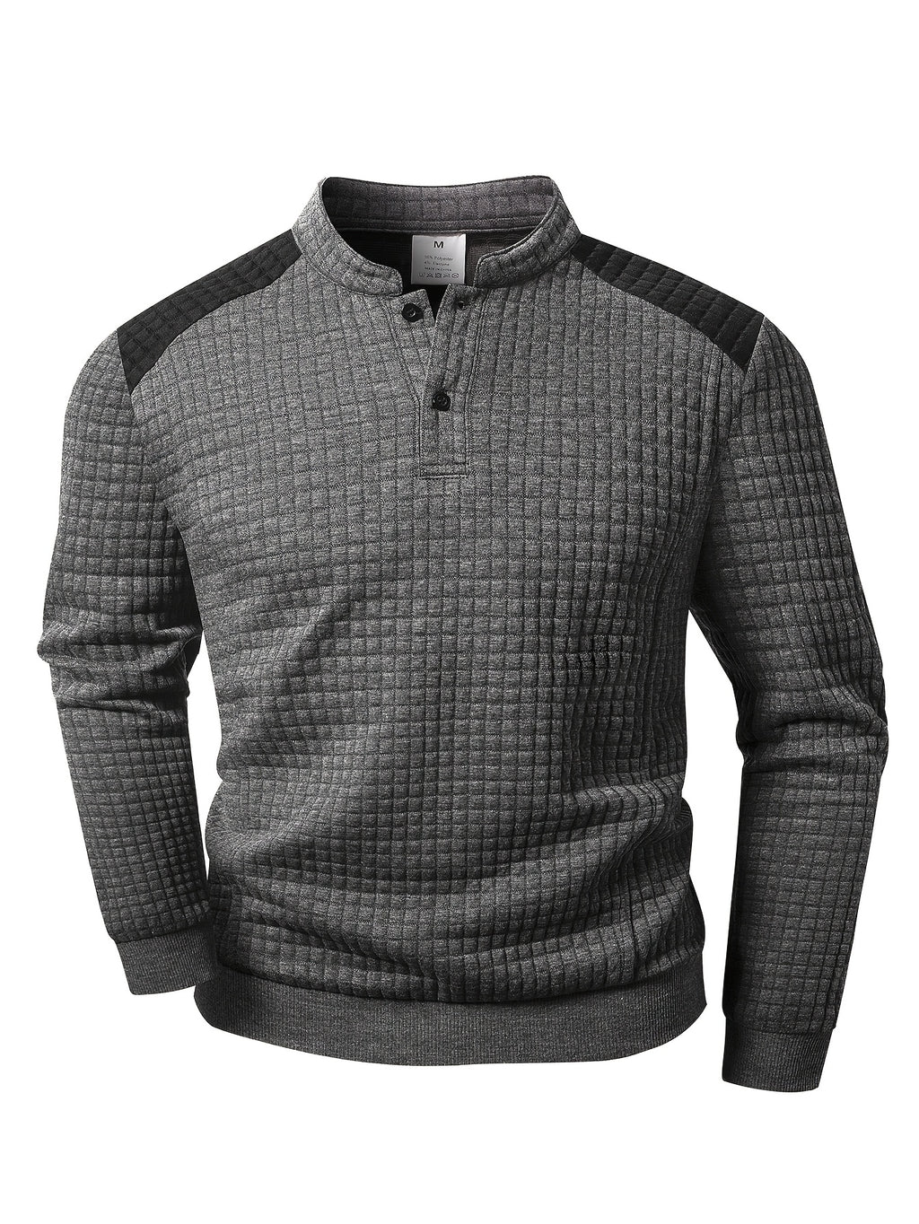 Men's Autumn Stand Collar Button-Up Polo Shirt - Textured Button-Front Placket & Half-Door Collar, Long Sleeve Suitable for Daily Wear, Casual Button-Polo for Weekend Outfits, Gift for Boyfriend/Husband, Hand Washable (Regular Fit) - Dark Gray