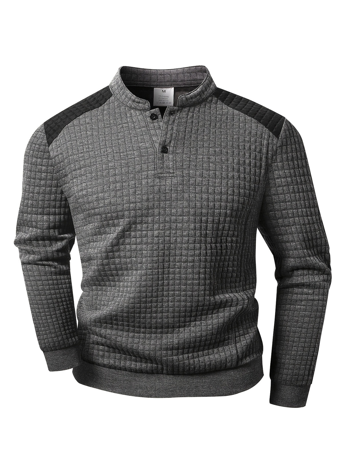 Men's Autumn Stand Collar Button-Up Polo Shirt - Textured Button-Front Placket & Half-Door Collar, Long Sleeve Suitable for Daily Wear, Casual Button-Polo for Weekend Outfits, Gift for Boyfriend/Husband, Hand Washable (Regular Fit) - Dark Gray