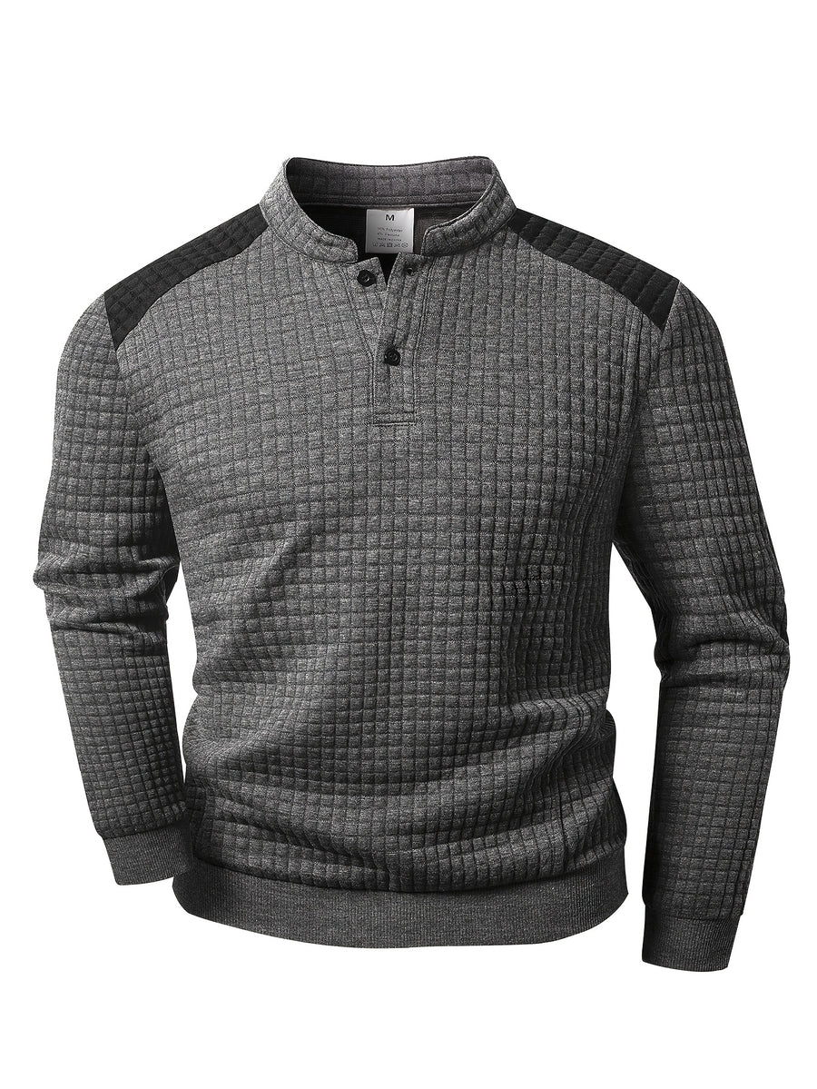 Men's Autumn Stand Collar Button-Up Polo Shirt - Textured Button-Front Placket & Half-Door Collar, Long Sleeve Suitable for Daily Wear, Casual Button-Polo for Weekend Outfits, Gift for Boyfriend/Husband, Hand Washable (Regular Fit) - Dark Gray