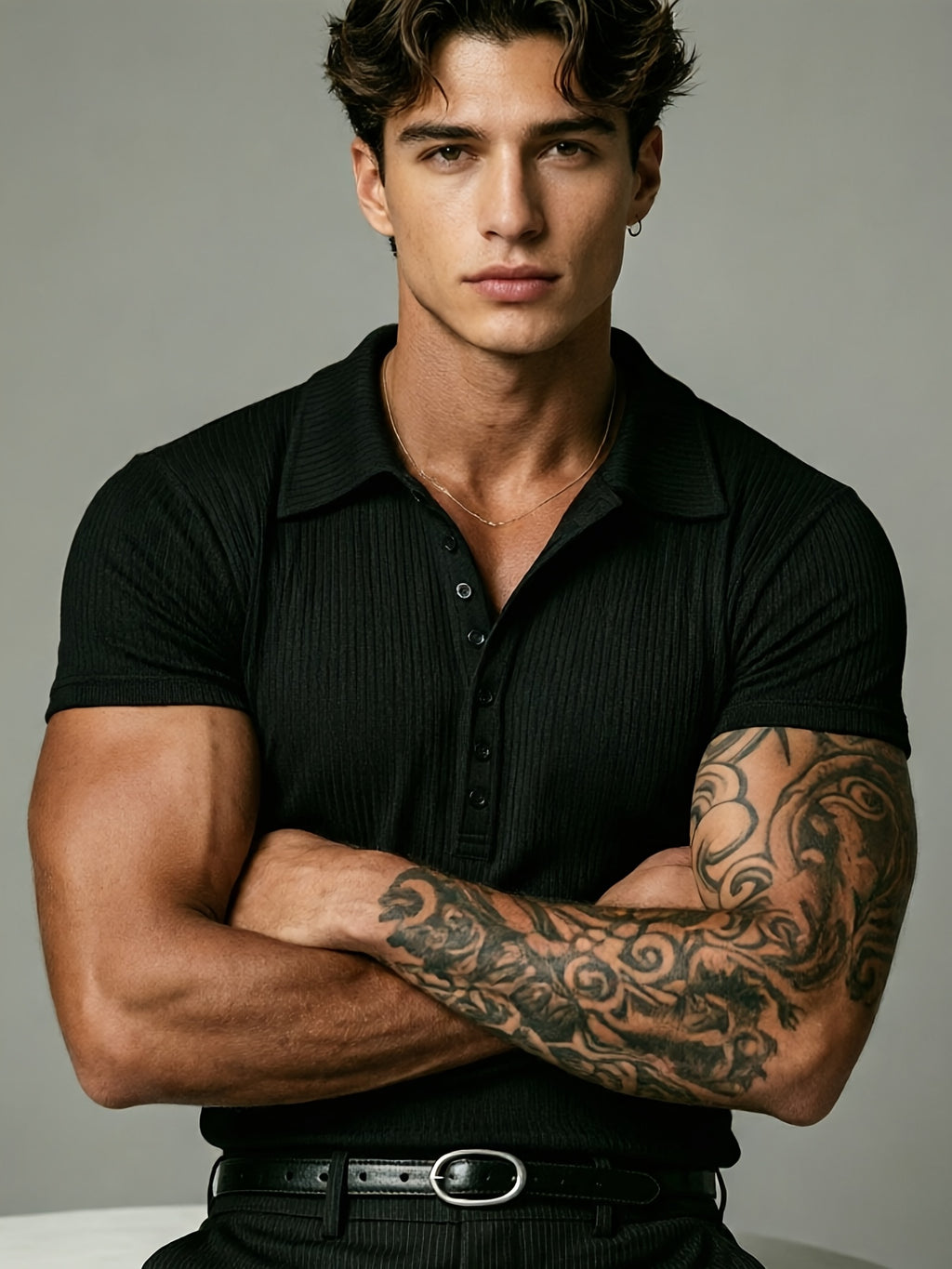 [Josh Mei OBM] 2026 Light Business Men'S White Textured Polo Short Sleeve Vertical Ribbed Henley Half-Button Collar Short Sleeve Stretch Slim Commute Date Versatile Top - Black