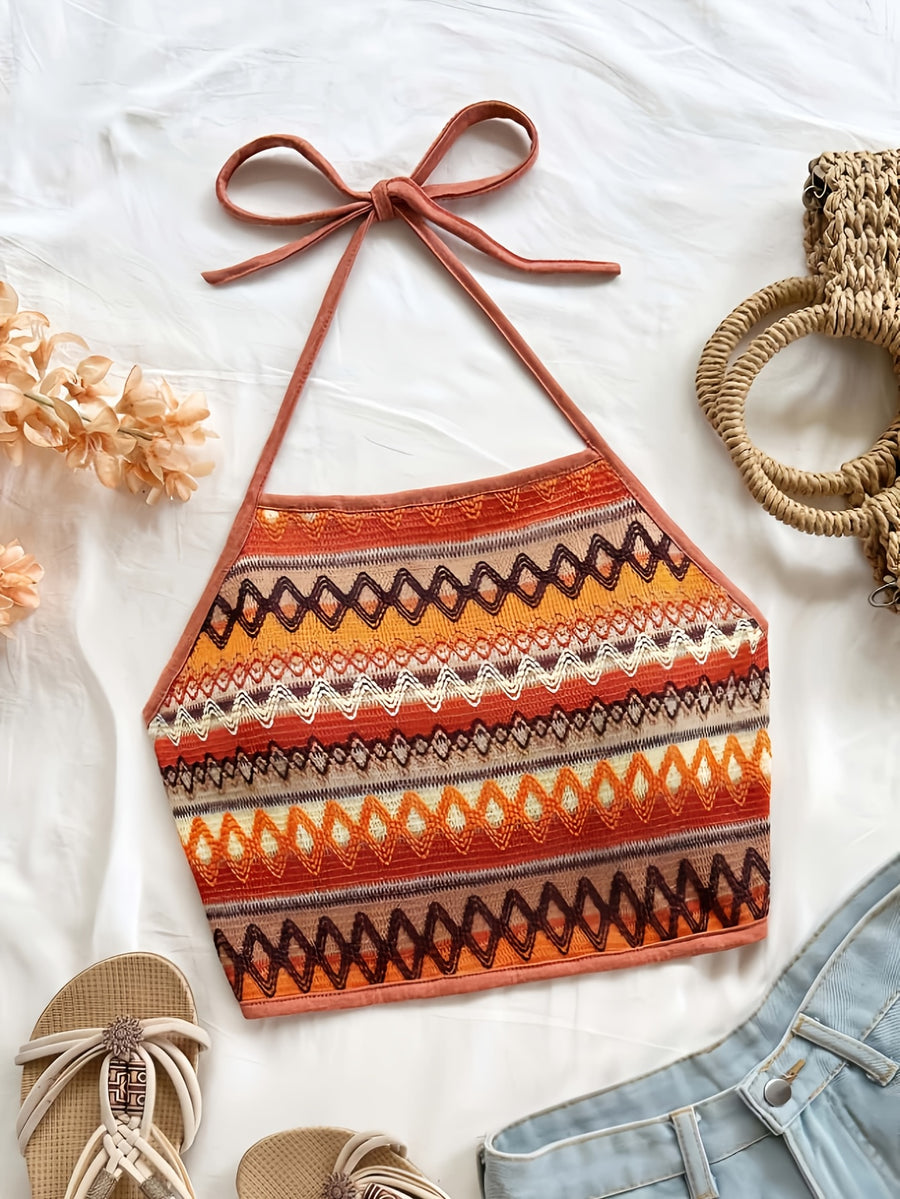 Women'S Vacation-Style Halter Crop Top with Colorful Geometric Stripes, Perfect for Summer Outings, Dates, And Everyday Wear - Orange