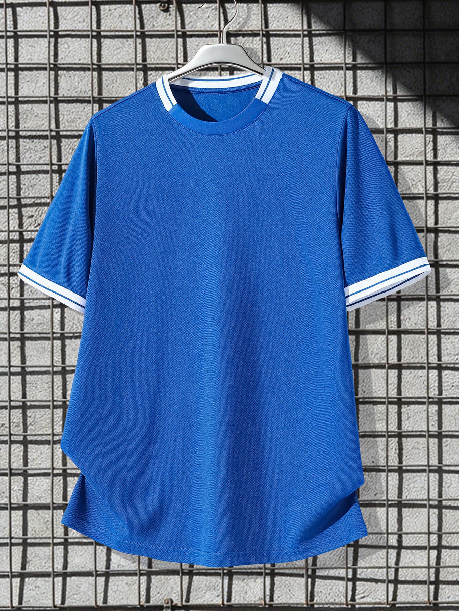 Summer Men'S Athletic Fitness Color-Block Round Neck Short Sleeve Top - Sky Blue