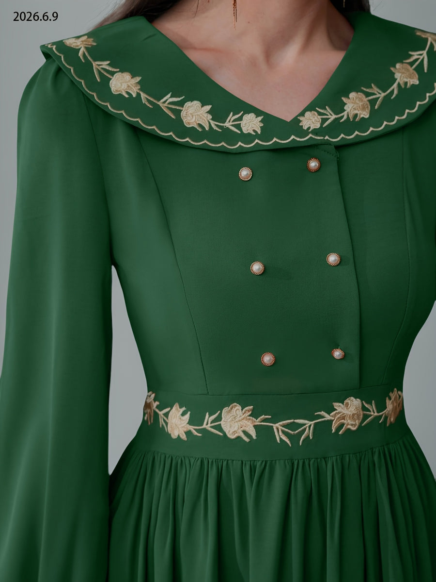 Vintage Lapel Heavy Craft Embroidered Long Sleeve Dress - Dark Green