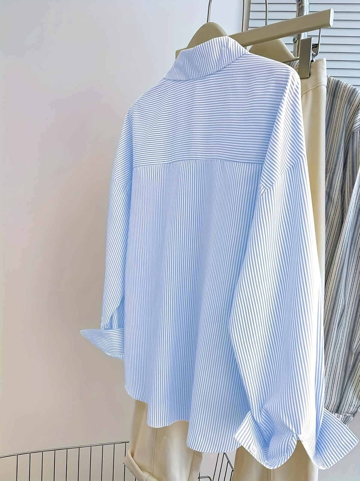 Women's Autumn-winter New Long Sleeve Striped Print Elegant Shirt - Sky Blue