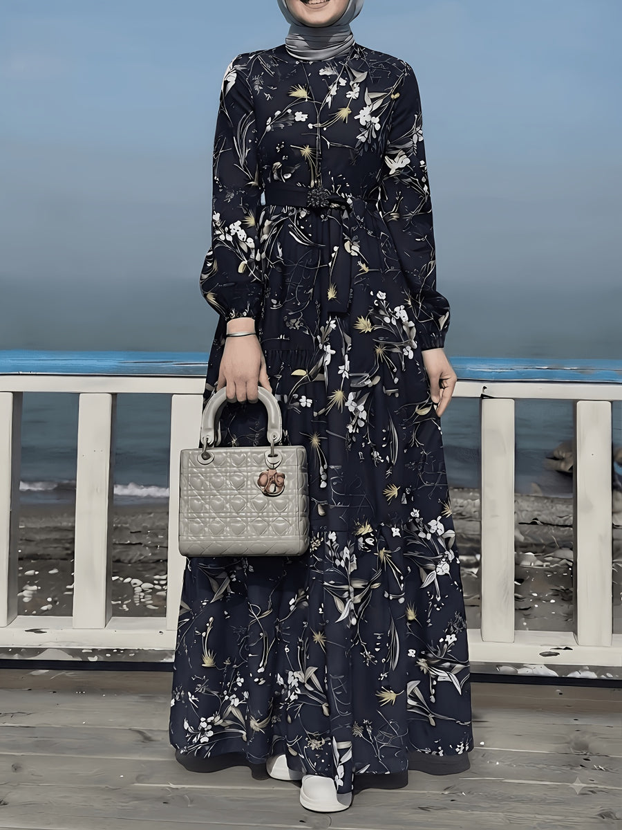 Comfortable Middle Eastern Print Long Dress Robe | Floral Pattern, Long Length, With Belt, Suitable For All Seasons - Navy Color