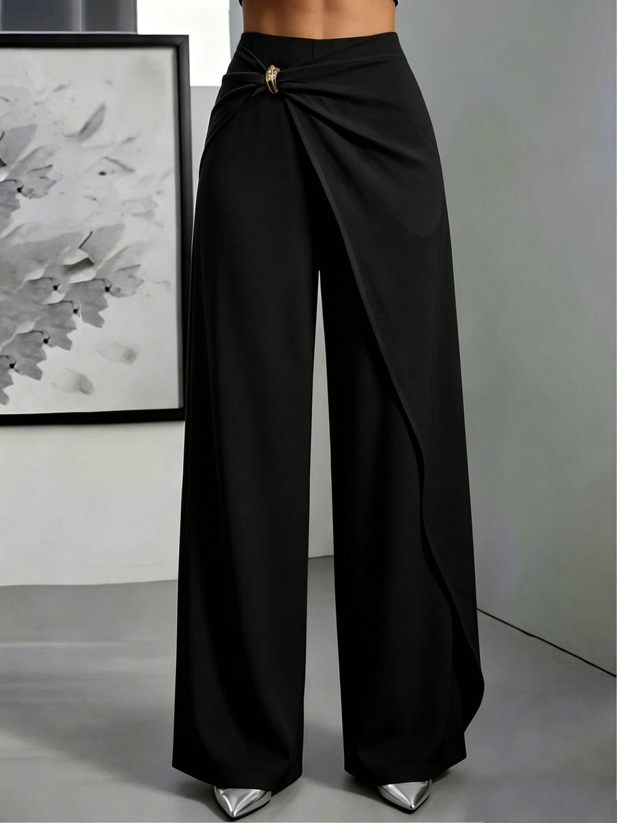 High-Waisted Draped Wide-Leg Pants for Women, Designer Twist Knot Metal Buckle, Elegant Commuter Advanced Feel Long Pants - Black