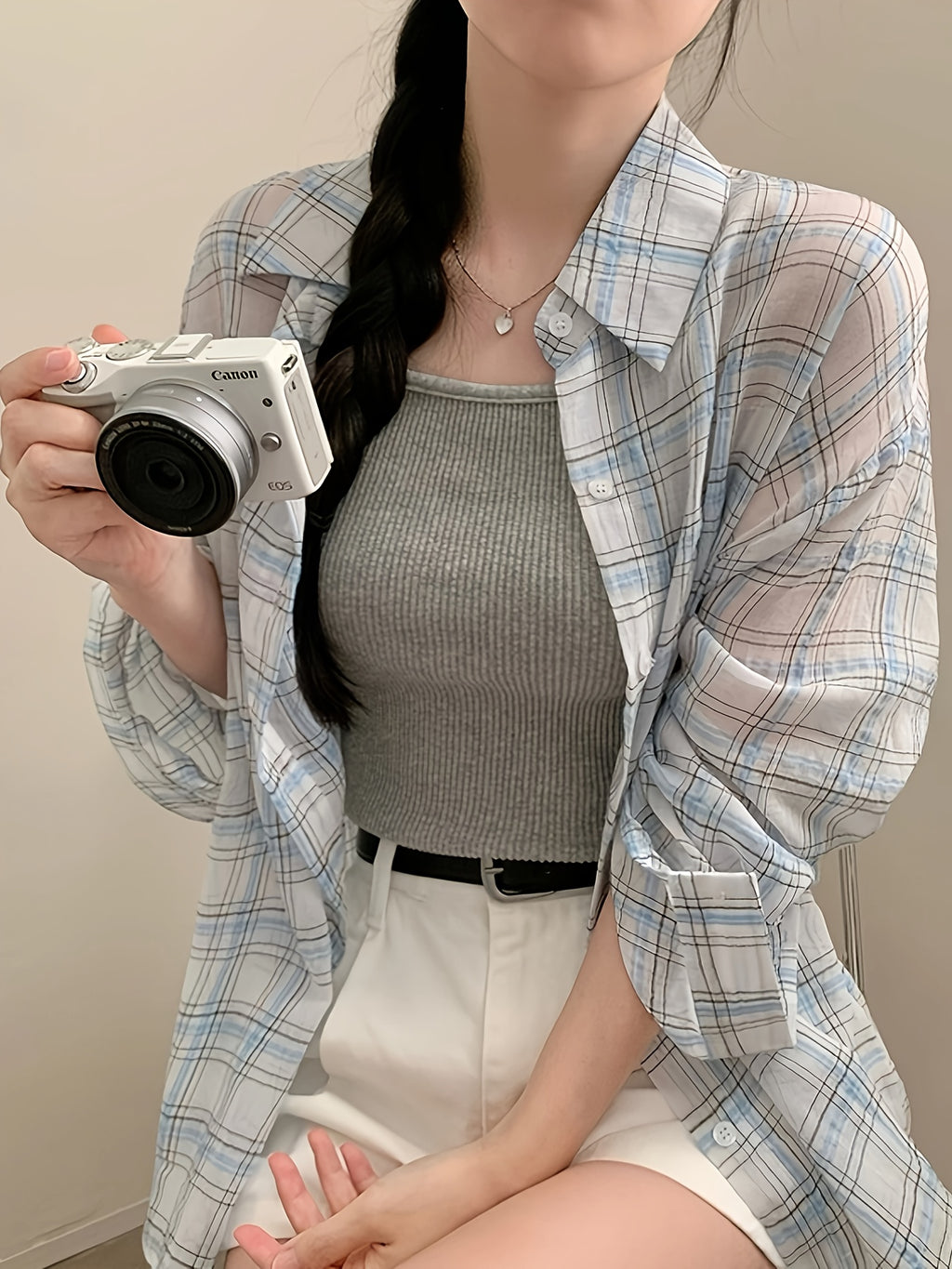 2026 Spring Summer Blue White Checkered Shirt Women'S Vintage Lapel Loose Thin Sheer Long Sleeve Open Cardigan Lazy Style Breathable Versatile Commute Travel Layering Casual Plaid Shirt Jacket - Mixed colors