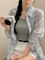 2026 Spring Summer Blue White Checkered Shirt Women'S Vintage Lapel Loose Thin Sheer Long Sleeve Open Cardigan Lazy Style Breathable Versatile Commute Travel Layering Casual Plaid Shirt Jacket - Mixed colors