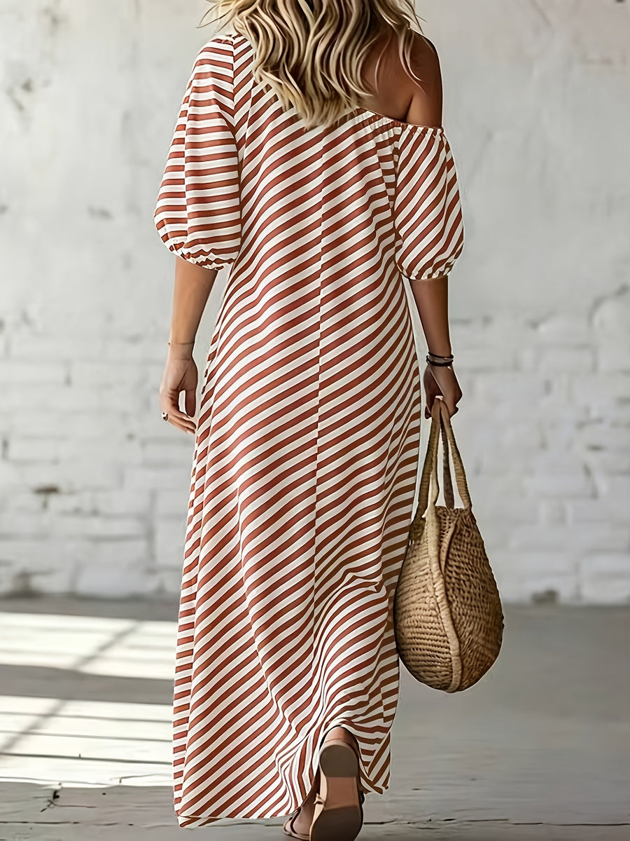 Women'S Elegant Asymmetrical Shoulder Stripe Long Dress, Summer Bohemian Vacation Loose Short Sleeve Maxi Skirt - Red
