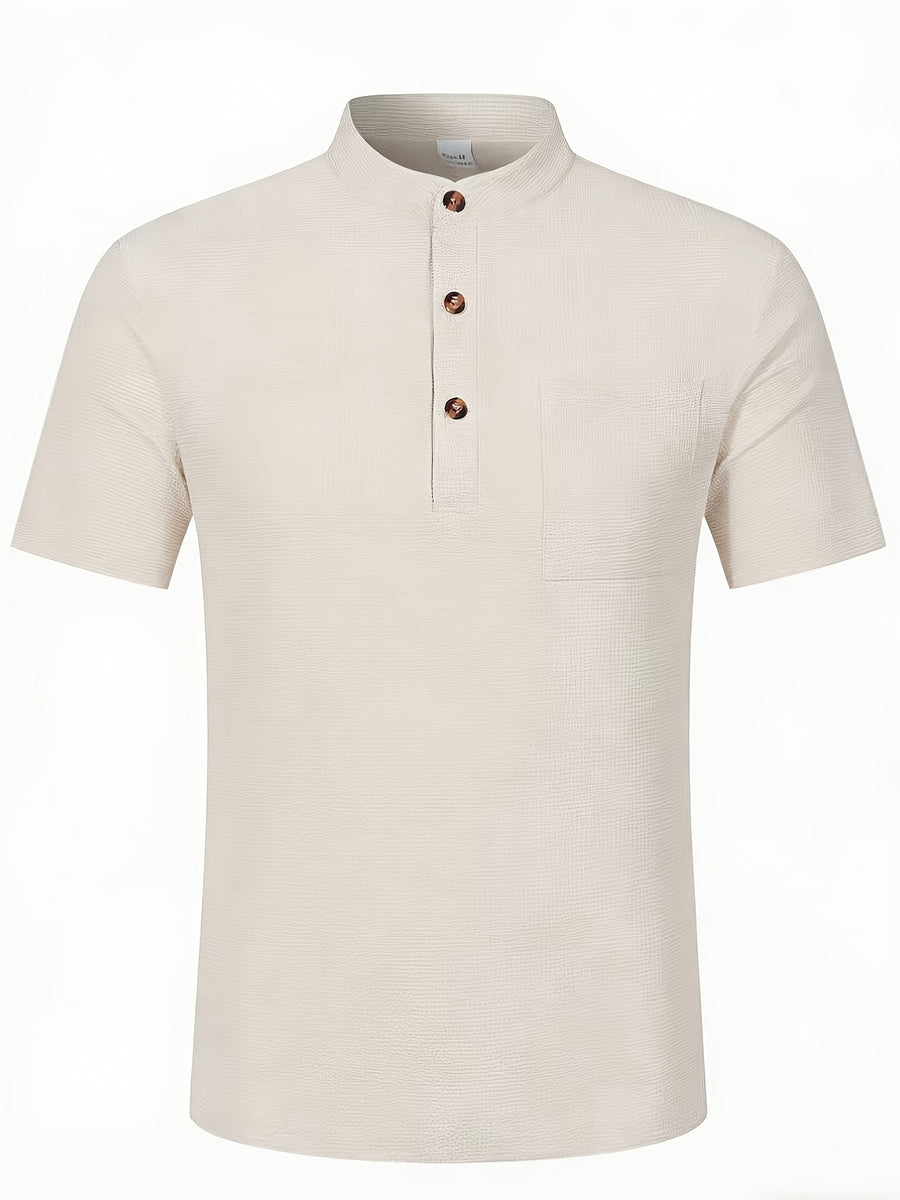 Men's Solid Color Patchwork T-Shirt, Simple and Elegant with a Vintage Button Design, Comfortable to Wear. Suitable for Spring, Summer, Home, Outings, and Travel Occasions, Showcasing a New Casual and Business Style - Khaki