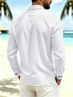 Spring/Autumn Men'S Henley Shirt Linen Long Sleeve, Comfortable And Breathable Fabric, Suitable for Daily Outings, Outdoor Sports, Travel, And Vacation, Lightweight And Breathable Regular Fit with Chest Pocket And Buttoned Cuffs, Ideal for Beach - White