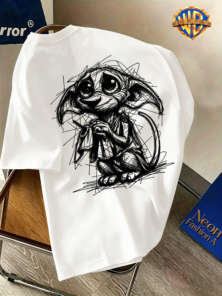 Halloween Back-to-School Season Men's Pure Short-Sleeve T-Shirt, Officially Licensed Warner Bros. Doodle Line Art Dobby Print, Versatile Casual Spring/Summer Regular Fit Top, Breathable and Skin-Friendly, Suitable for Daily Outings, Outdoor Leisure - White