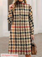 Women'S Turtleneck Sweater Dress, Long Sleeve Multicolor Houndstooth Pattern Print Pullover, Soft Material, Slim Fit Look for Fall Winter - Multicolor