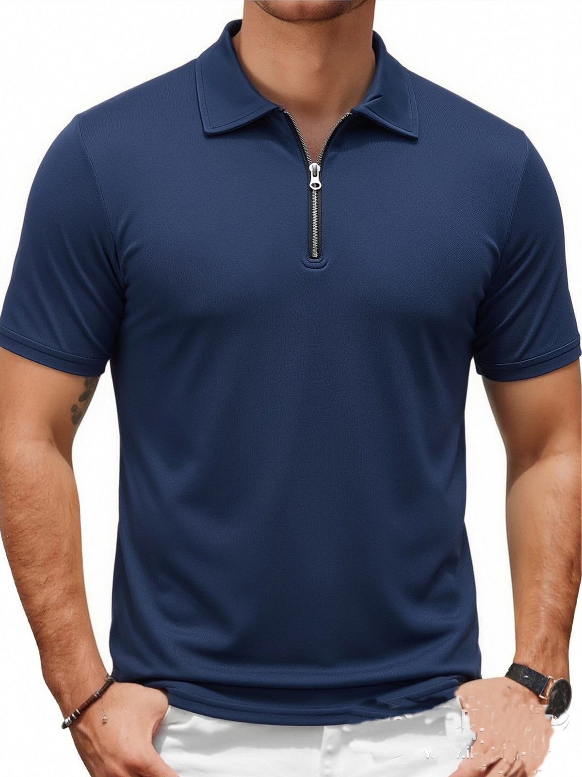 2pcs Men'S Sports Outdoor Casual Lapel Solid Color Breathable Zipper POLO Shirt - Navy Blue 2pcs