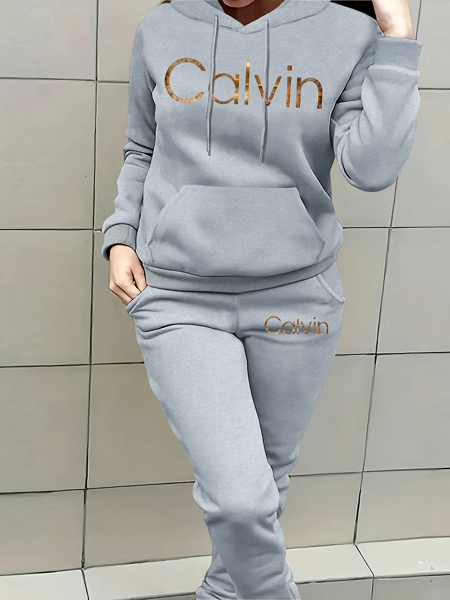 Graphic Print Two-Piece Set, Crew Neck Sweatshirt And Pants, Women'S Clothing - Grey 1
