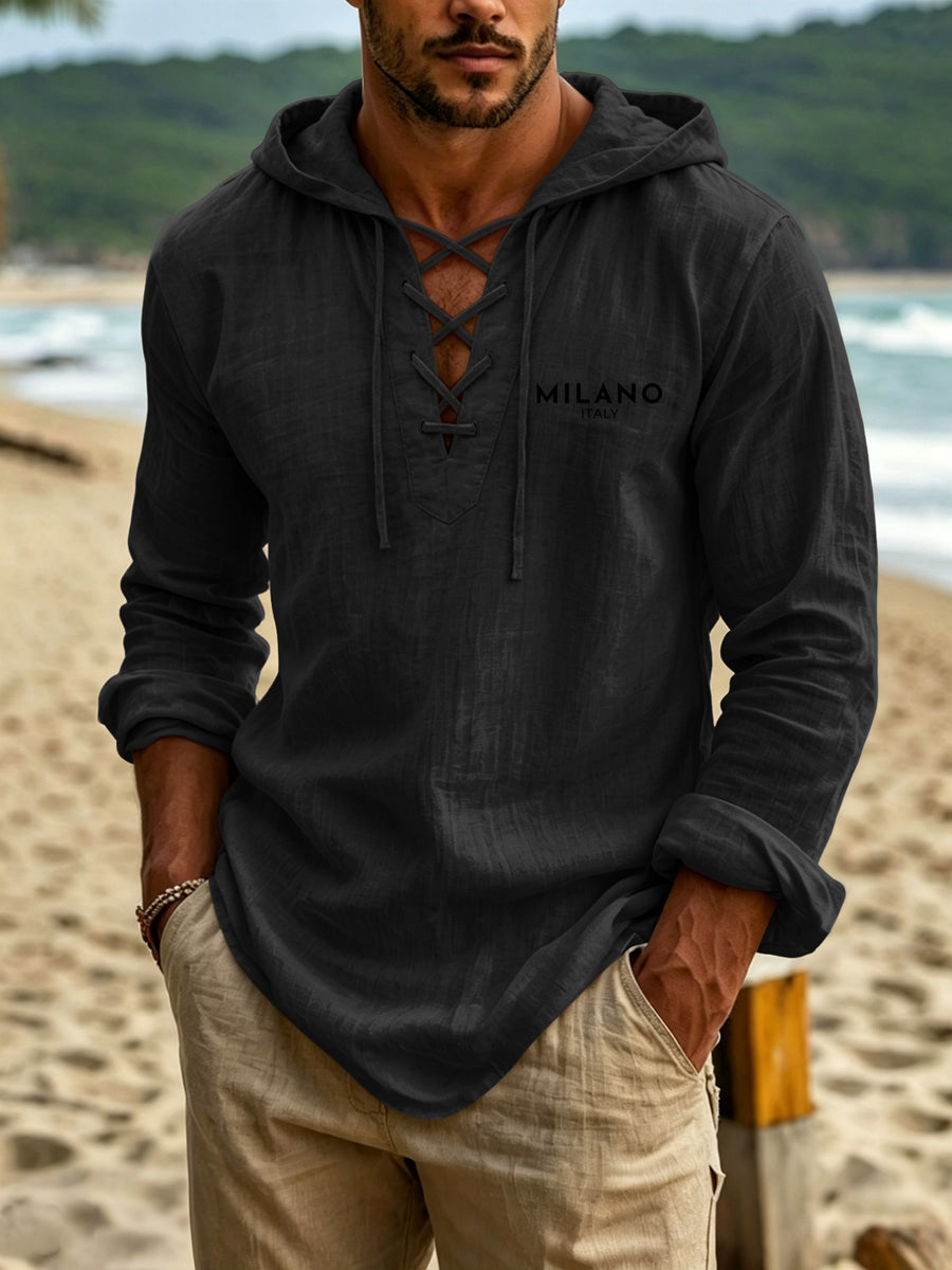 Men's Minimalist Textured Linen Long-Sleeve Hooded Top with "MILANO ITALY" Letter Print on the Front Chest for a Memorable Touch, Cross-Tie V-Neck for a Unique Style, Hooded Long Sleeves with an Arc-Shaped Hem, Suitable for Travel and Beach Strolls - Black