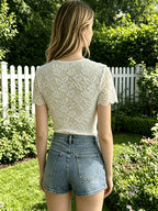 V-neck Lace Short-sleeve Bodysuit, Exquisite Floral Cut-out Lace, Slim-fitting and Figure-flattering, Elegant Women's Commuting Base Layer Top - White