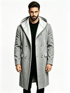 Men's Hooded Double-Breasted Blended Tweed Overcoat, Casual Mid-Length Pointed Hood Jacket, Solid Color Winter Outerwear - Grey