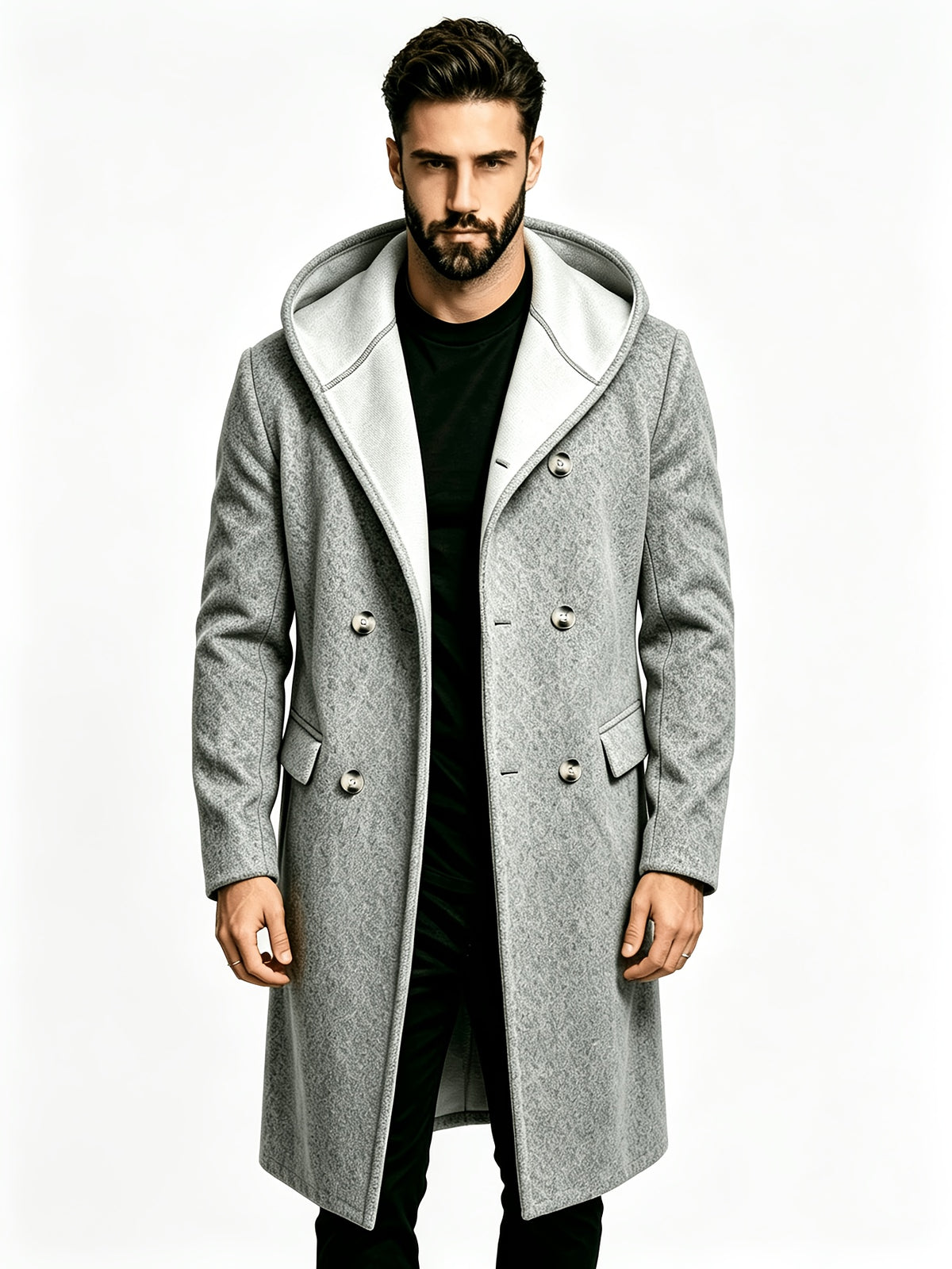 Men's Hooded Double-Breasted Blended Tweed Overcoat, Casual Mid-Length Pointed Hood Jacket, Solid Color Winter Outerwear - Grey