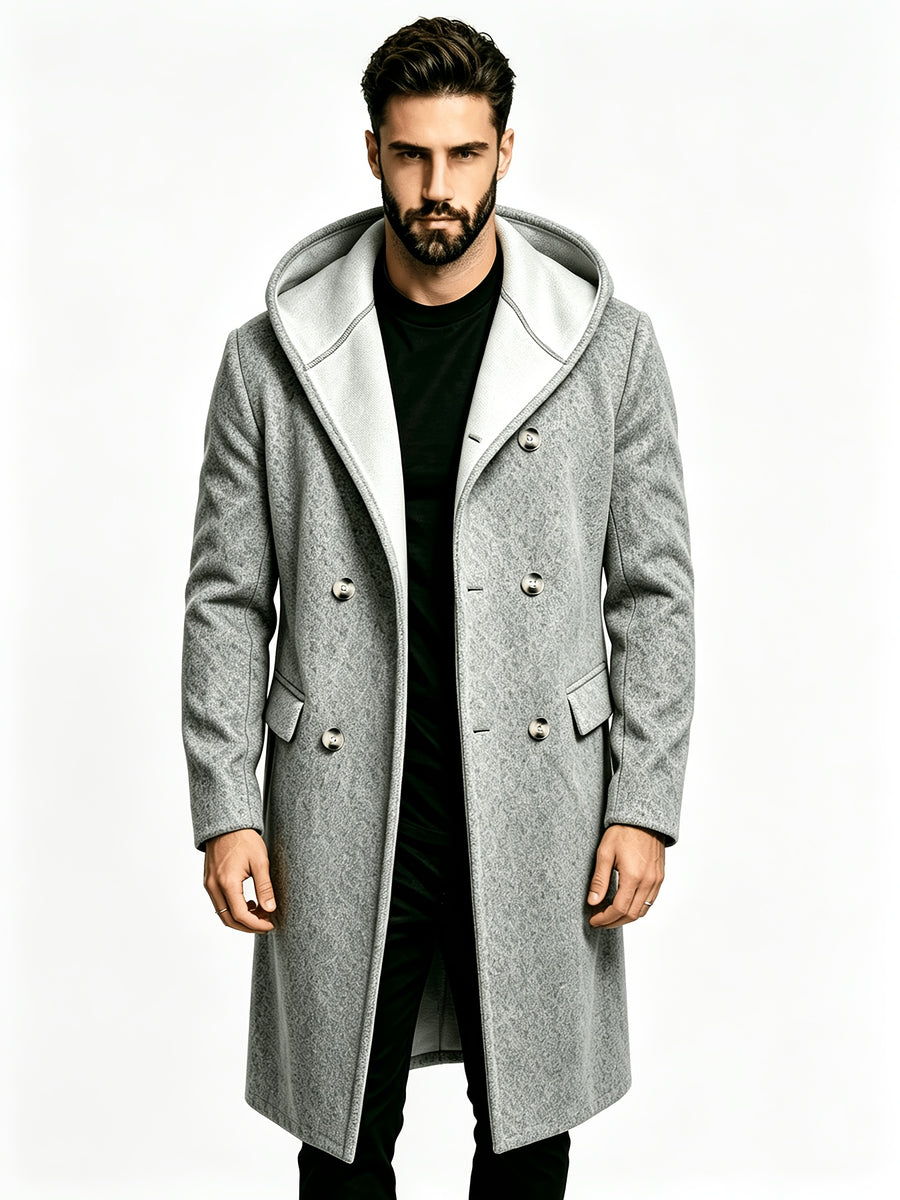 Men's Hooded Double-Breasted Blended Tweed Overcoat, Casual Mid-Length Pointed Hood Jacket, Solid Color Winter Outerwear - Grey