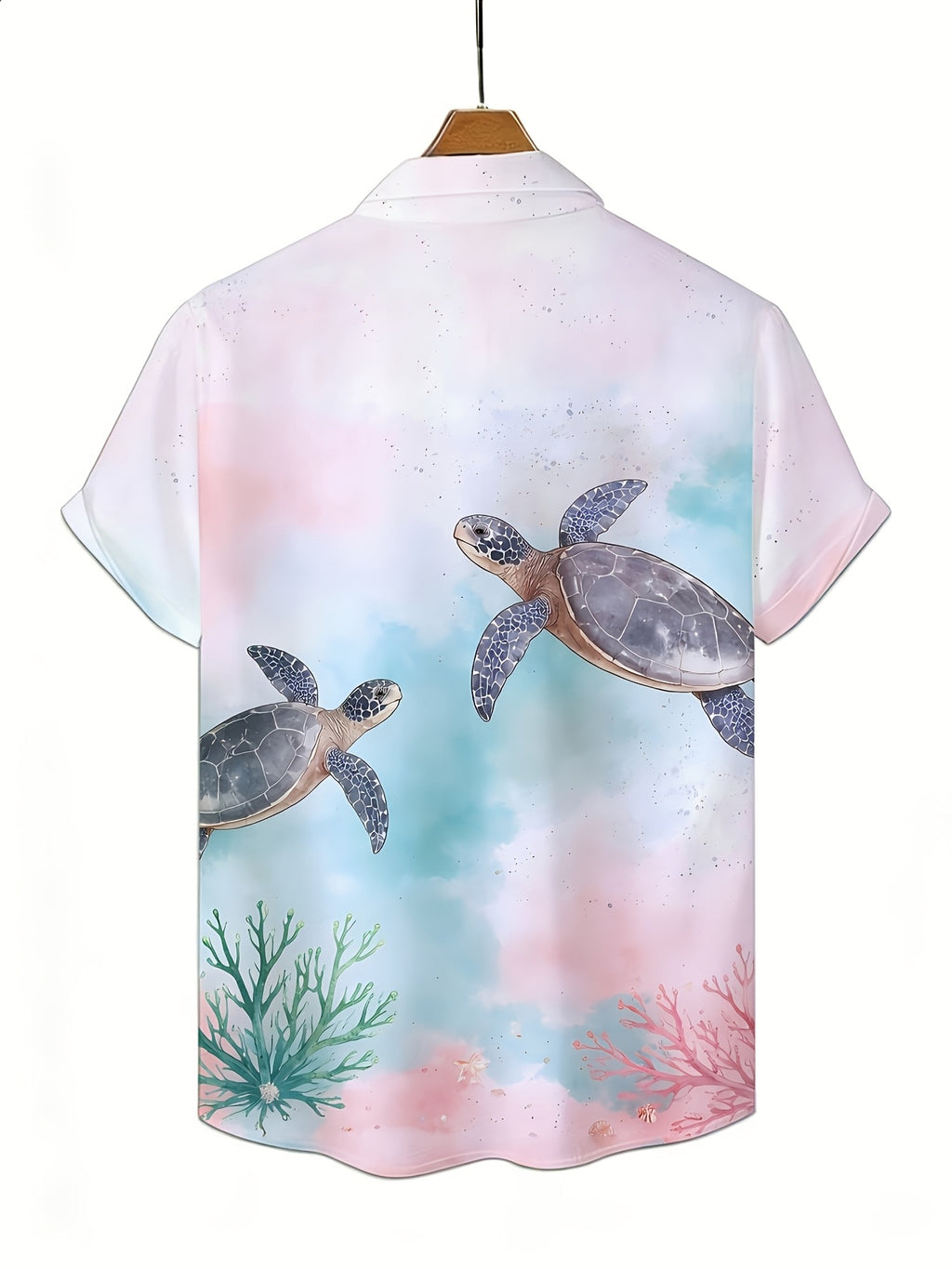 Men's Watercolor Sea Turtle Short-Sleeve Shirt, Hawaiian Style, All-Over Ocean Coral and Sea Turtle Print, Loose Fit Top, Suitable for Beach, Vacation, and Daily Wear - Mixed colors