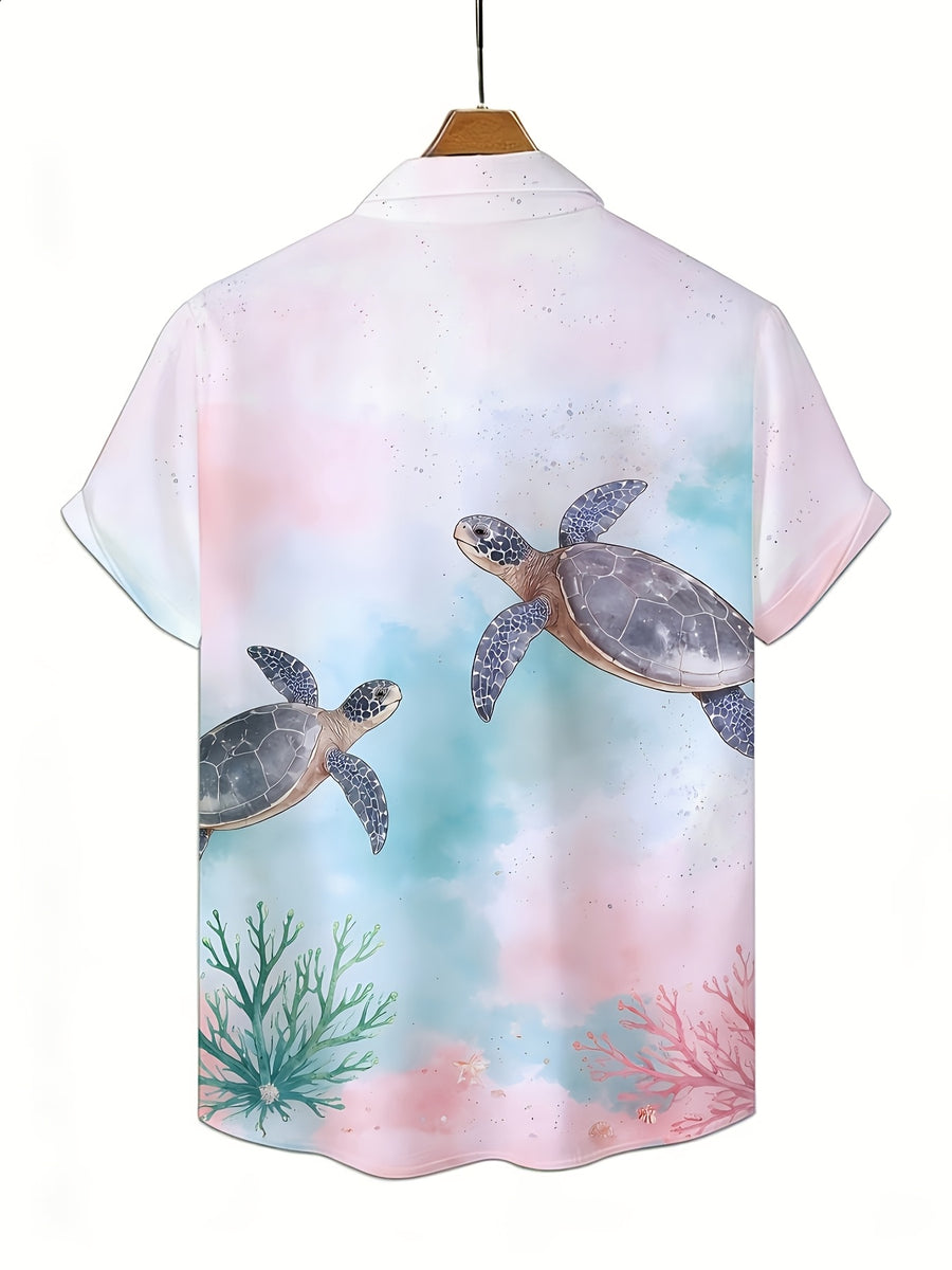Men's Watercolor Sea Turtle Short-Sleeve Shirt, Hawaiian Style, All-Over Ocean Coral and Sea Turtle Print, Loose Fit Top, Suitable for Beach, Vacation, and Daily Wear - Mixed colors