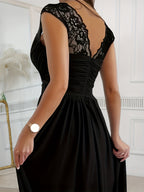 European and American Cross-Border Women's Dress with Sheer Spaghetti Straps, Cinched Waist, Slim Fit, and Pleated Hem, Suitable for Dates and Banquets, Machine Washable and Dry Cleanable - Black