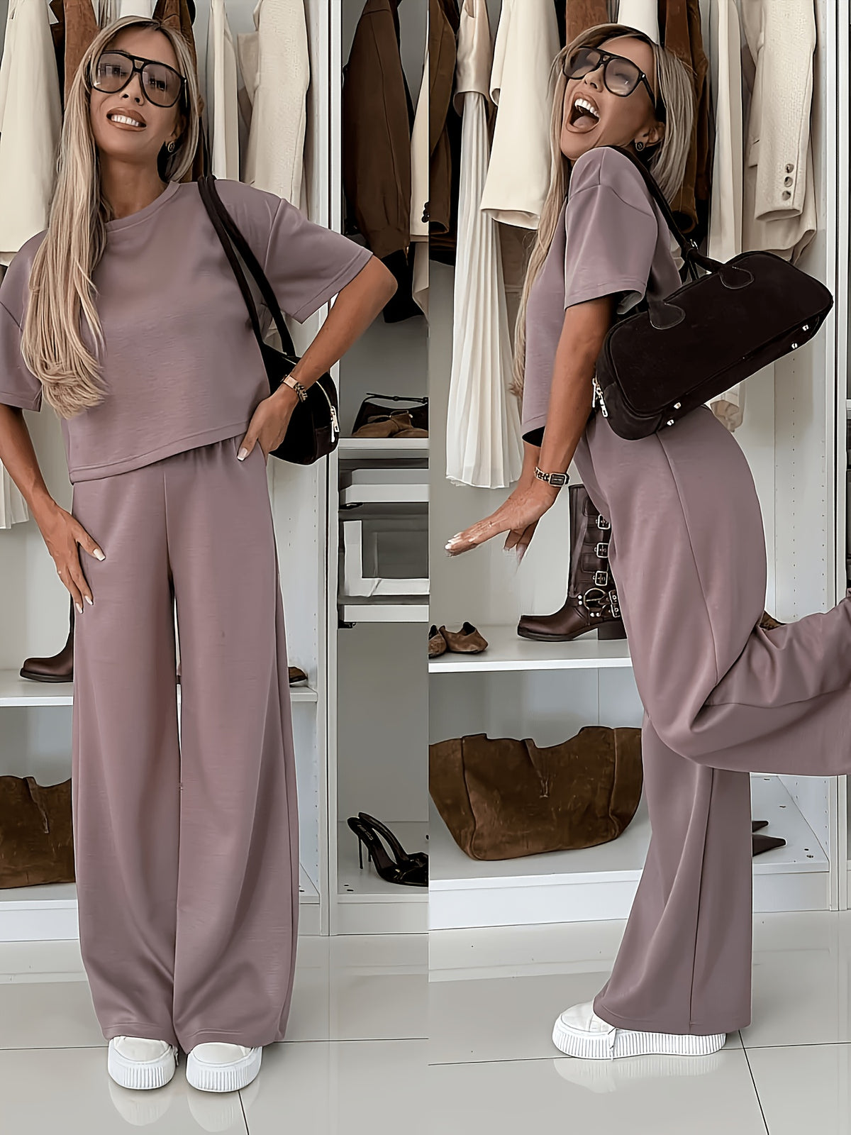 Women'S Suit Set, Air Mesh Fabric Relaxed Short Sleeve Wide-Leg Pants Set, Casual Wear - Pale Pinkish Gray