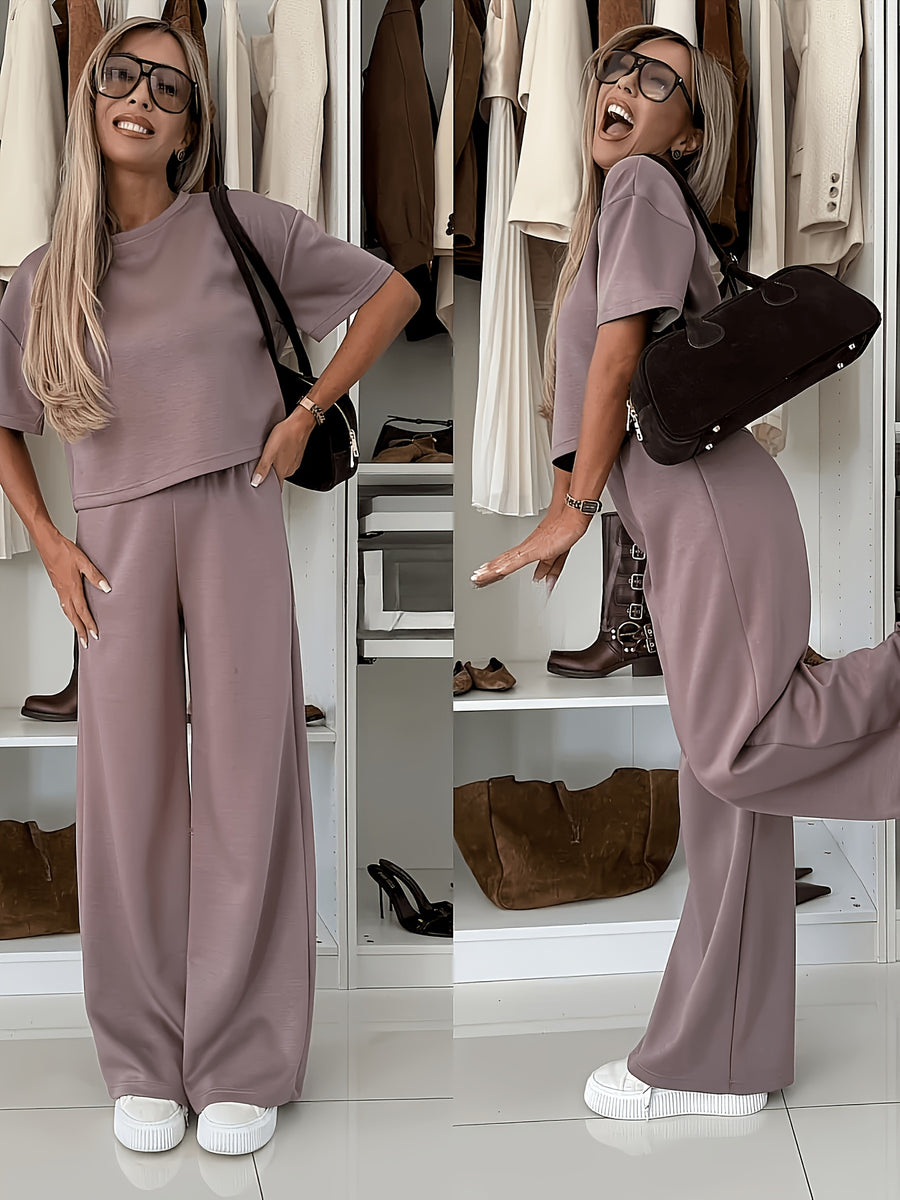Women'S Suit Set, Air Mesh Fabric Relaxed Short Sleeve Wide-Leg Pants Set, Casual Wear - Pale Pinkish Gray