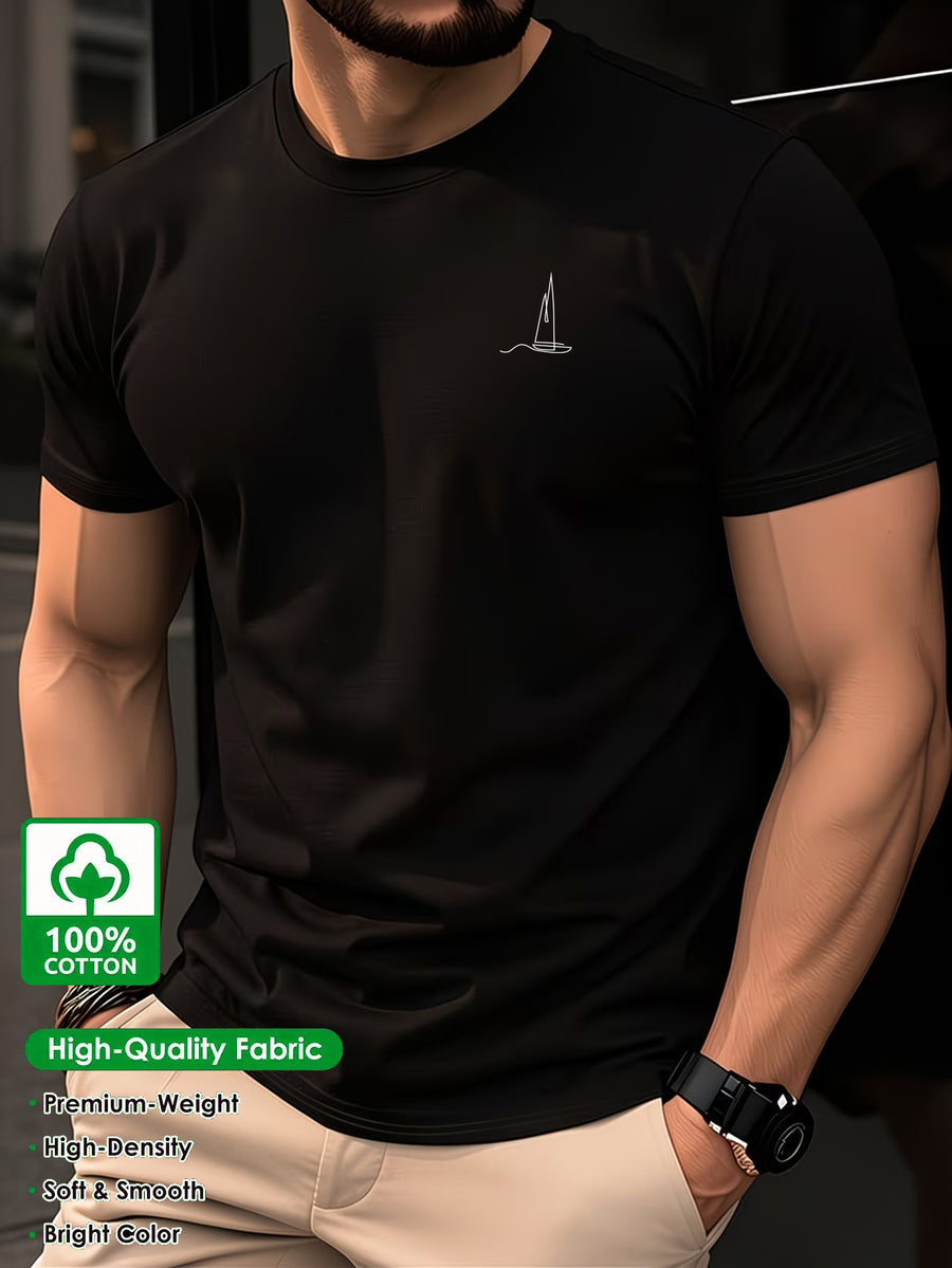 YD-18 Men'S 100% Easy Casual Breathable Sweat-Absorbing Comfortable Short Sleeve Shirt T-Shirt, Sweat-Resistant - Black