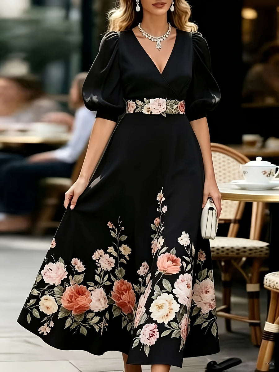 French Retro V-Neck Floral Dress, Puff Sleeve Waist-Cinching Tie-Belt Long Dress for Dates, Afternoon Tea, And Commuting - Black
